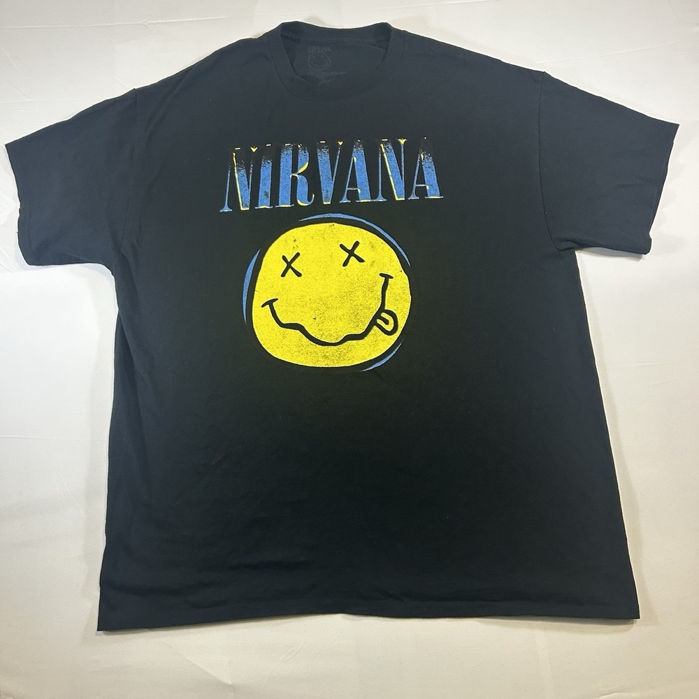 Nirvana T-Shirt Smiley Face Logo Black Graphic Tee Short Sleeve Blue Yellow XL